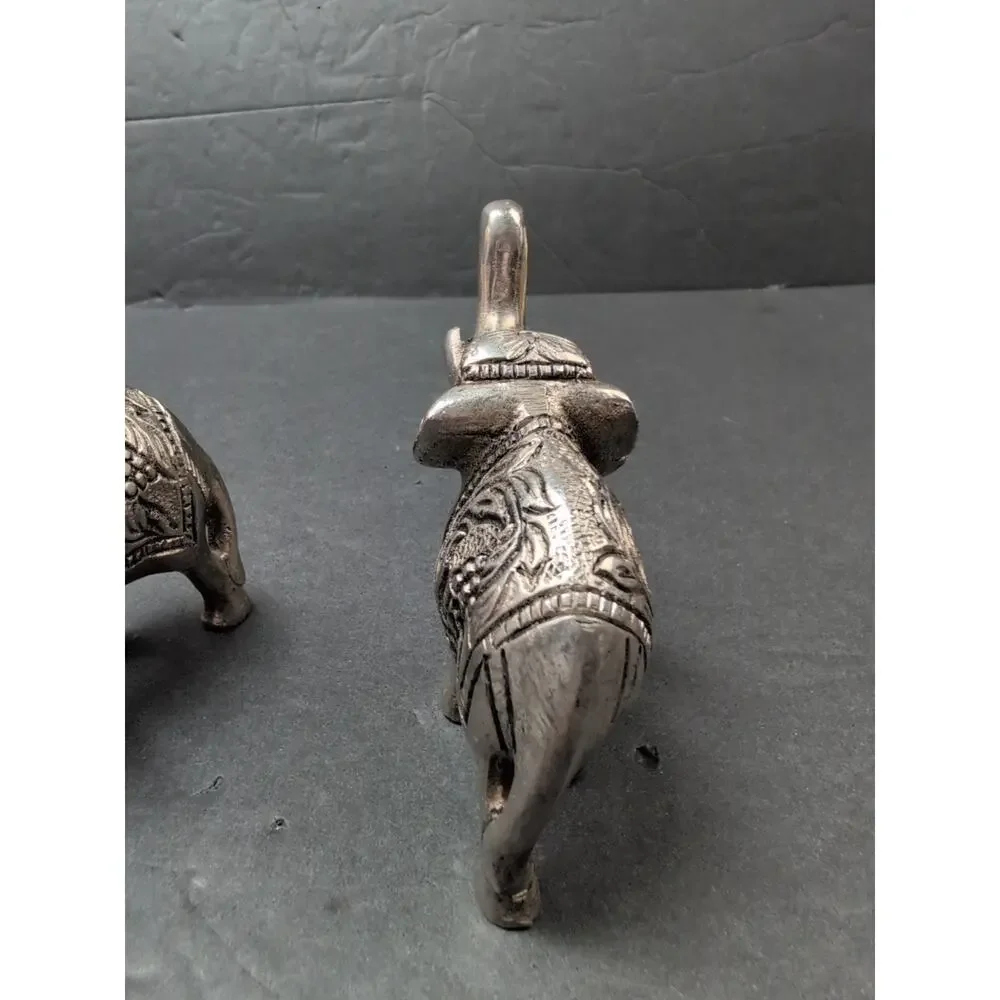 Lot Of 2 India Metal Elephants Hand Carved Collectible Trunks UpFigures 4